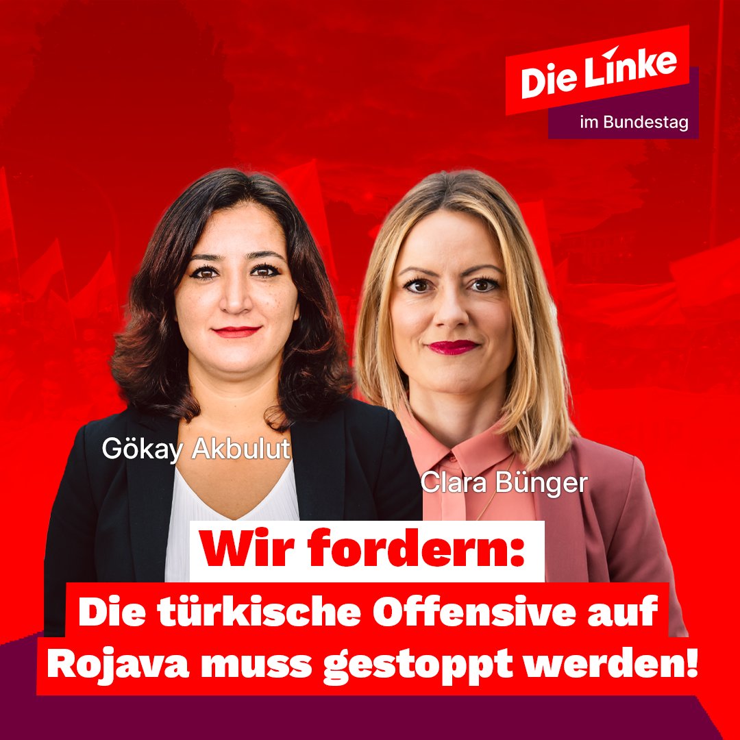 dielinkebt's tweet photo. Erklärung von Abgeordneten der Gruppe die Linke:

Solidarität mit Rojava - Angriffe auf Nord- und Ostsyrien stoppen!

Nach dem Sturz des Machthabers Baschar Al-Assad herrschen in weiten Teilen Syriens weiterhin Unsicherheit, Chaos und Gewalt. Das gilt besonders für den Norden des Landes, wo die Türkei mithilfe islamistischer Milizen ihre blutigen Angriffe auf die Selbstverwaltung ausweitet. Ein Ziel der Türkei ist es, ein großes, zusammenhängendes und von Kurd*innen bewohntes Gebiet zu verhindern. Dazu hat sie eine selbst ernannte "Sicherheitszone" auf nordsyrischem Boden errichtet und Kurd*innen von dort vertrieben. Jetzt bekämpft sie gemeinsam mit ihren dschihadistischen Milizen die demokratische Selbstverwaltung Nord- und Ostsyriens von mehreren Seiten mit dem Ziel, sie zu zerschlagen.

Zahlreiche Zivilist*innen wurden bereits ermordet oder von dschihadistischen Kämpfern gefoltert und verschleppt. Aus der Region Sheba wurden über 120.000 Menschen vertrieben. Sie hatten dort seit 2018 in Flüchtlingslagern und provisorischen Siedlungen gelebt, nachdem sie infolge einer früheren türkischen Offensive aus dem kurdischen Afrin vertrieben worden waren. Nun sind sie erneut auf der Flucht.

Nach der Einnahme von Minbic berichtet die syrische Beobachtungsstelle für Menschenrechte von schweren Kriegsverbrechen durch die mit der Türkei verbündeten SNA-Milizen. Als nächstes drohen Angriffe auf Kobanê und weitere Teile Rojavas. Bereits jetzt kommt es dort zu türkischen Luftangriffen. Die demokratische Selbstverwaltung ist existenziell gefährdet.

Die türkische Offensive muss umgehend gestoppt werden! Wir fordern die Bundesregierung auf, alles in ihrer Macht Stehende zu tun, damit ihr enger Verbündeter Erdogan den Krieg gegen die Kurd*innen in Syrien beendet. Um Druck aufzubauen, muss die Bundesregierung umgehend ein Waffenembargo gegen die Türkei verhängen. Darüber hinaus muss sie die Selbstverwaltung unterstützen und humanitäre Hilfe leisten. In den Gesprächen über die Zukunft Syriens sollte nicht mehr über die Kurd*innen geredet werden, sondern mit ihnen. Zudem muss die Kriminalisierung der kurdischen Befreiungsbewegung hierzulande beendet werden.

#rojava✌ #kurdistan #erdogan #türkei #syrien #assad #ypg #sna #krieg #embargo