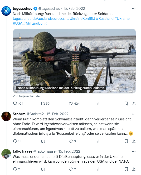 Herrlich sind solche alten Postings, wo damals schon Putintrolle aktiv waren...so wurde ich  beschimpft, da ich meinte, dass Russland Truppen aufmarschieren lässt um einzumarschieren. 🤣
