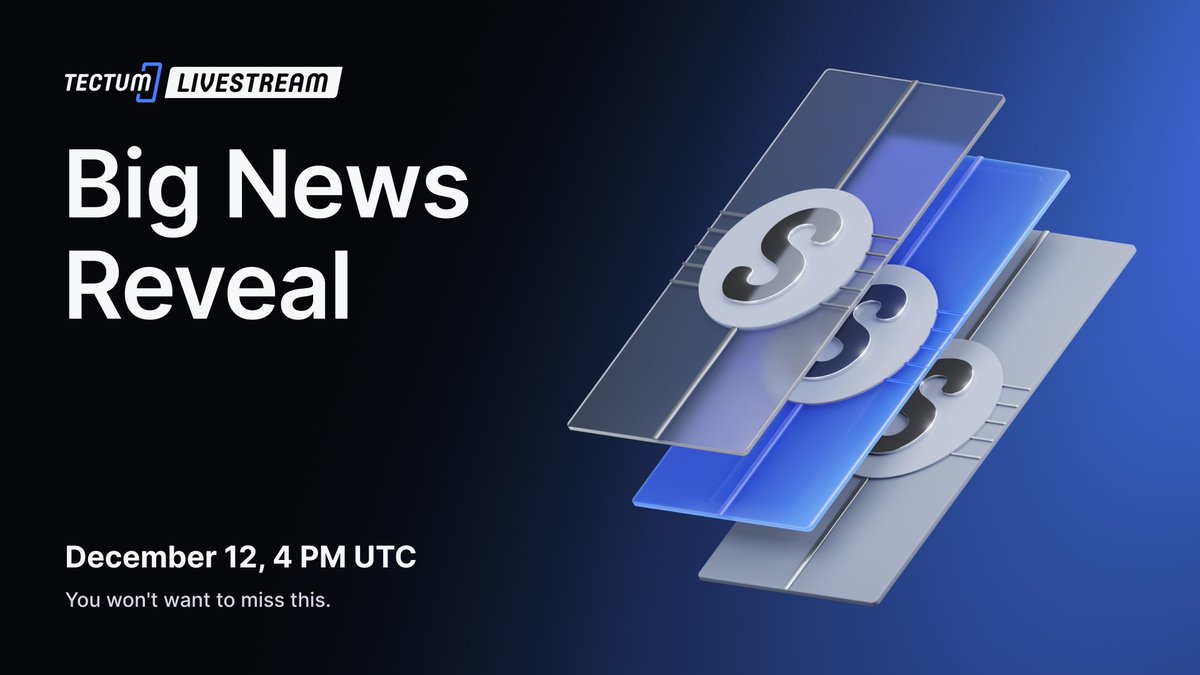 tectumsocial's tweet photo. BIG NEWS REVEAL

Tune into this weeks stream on Thursday, 4pm UTC
You won't want to miss this.

$TET | #Tectum | #Bitcoin | #UAE https://t.co/cbVCeOD73z