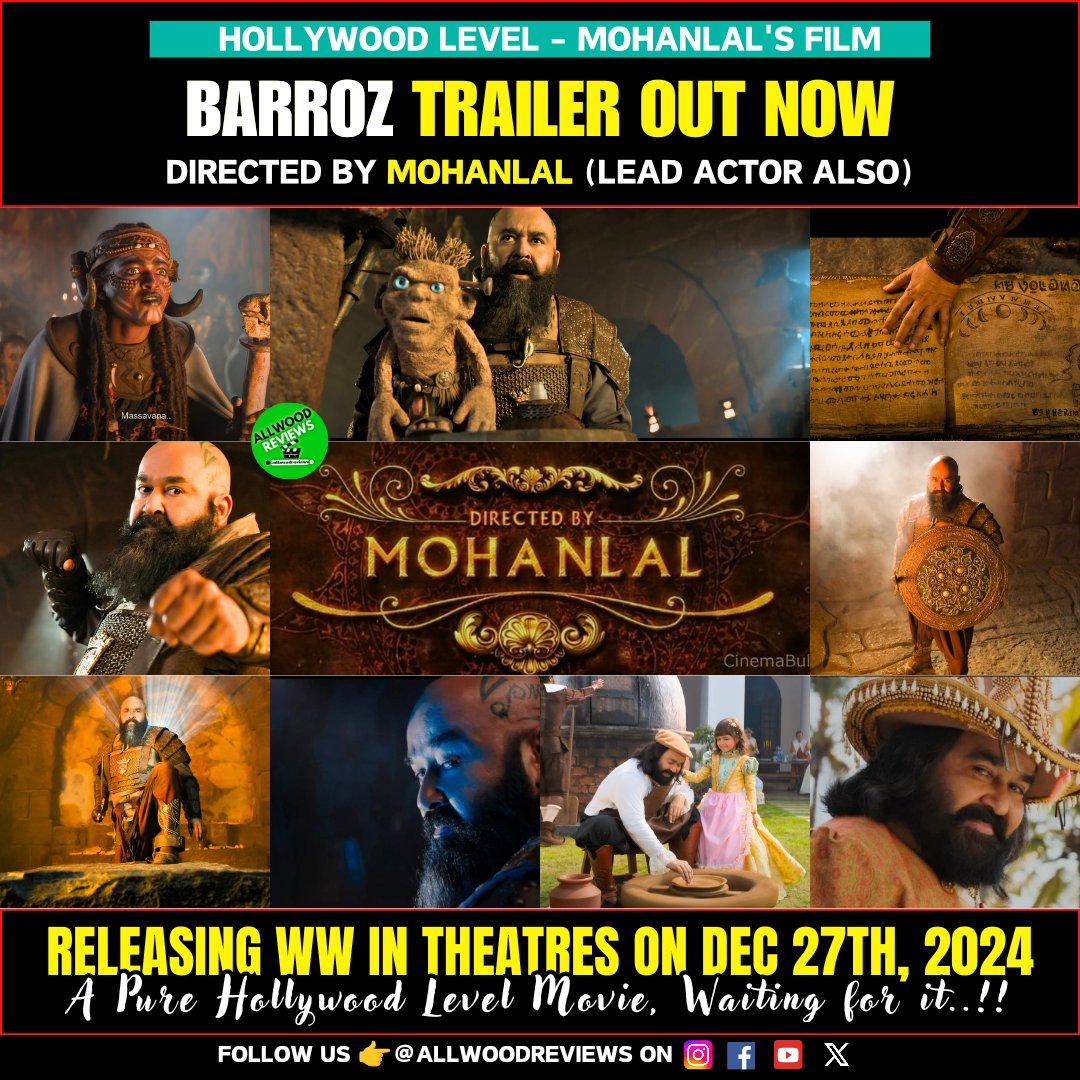 AllwoodReviews's tweet photo. Actor #Mohanlal makes his directorial debut with PAN-India film #Barroz
#BarrozTrailer ๐: https://t.co/8RJBU6Z5aiโฆ
#Barroz3D stars #MayoRaoWest & #JuneVig.
Produced by #AntonyPerumbavoor in association with #PENStudios, the #Hindi version in *theatres* on 27 Dec 2024. https://t.co/sZoqT3zZ9x