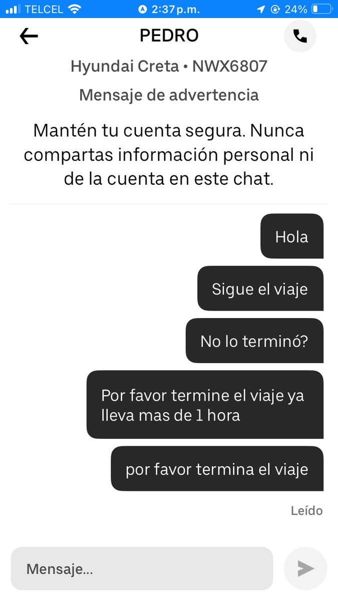 Sanmoniq's tweet photo. Tomé un #Uber de CU a Coyoacan y el este conductor Pedro no finalizó el viaje y siguió x 2 h más. Le escribí y llamé s respuesta. Cancelé y #Uber  me cobra $761
Solicité aclaración y ajuste en app y #uber dice que NO hay criterios para ajuste!! 
 @Uber_MEX ayuda xfavor https://t.co/pB9VkBAHN8