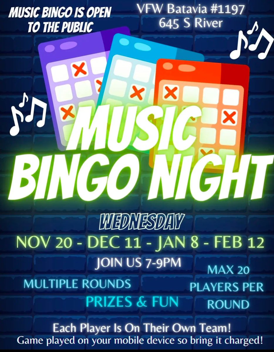 Looking for something fun to do tonight?  Batavia VFW 1197 is hosting Music Bingo.  All are welcome!  Spread the word!