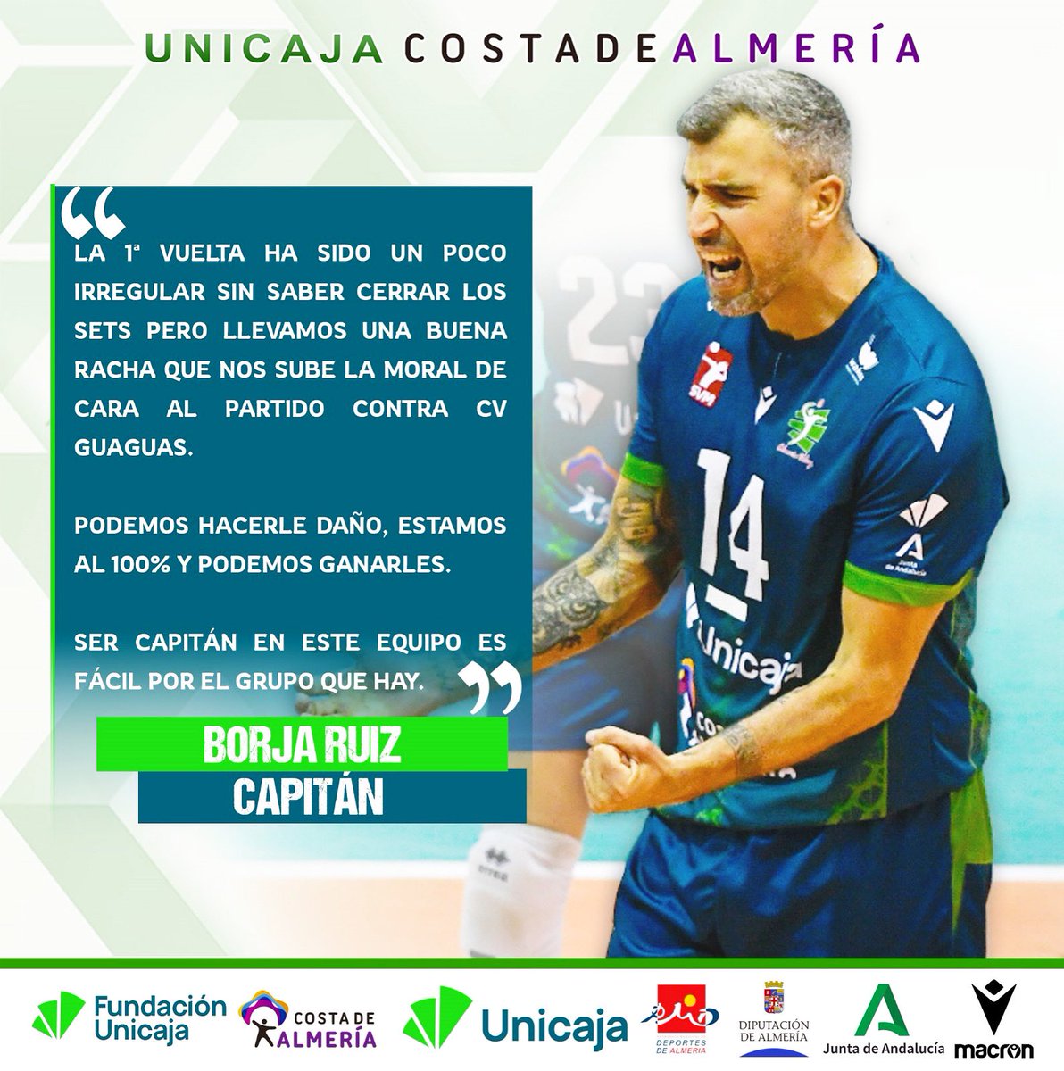 🗣️ 𝐁𝐎𝐑𝐉𝐀 𝐑𝐔𝐈𝐙 🫡

Con la moral alta 🔝

💚 #VamosVerdes!
🏐 #SomosVoleibol

#Unicaja #Almeria #Almería #UnicajaAlmeria #UnicajaAlmería #Voleibol #Volleyball #Volley #Pallavolo #Volei #Andalucia #picoftheday #BecomeYourOwnHero