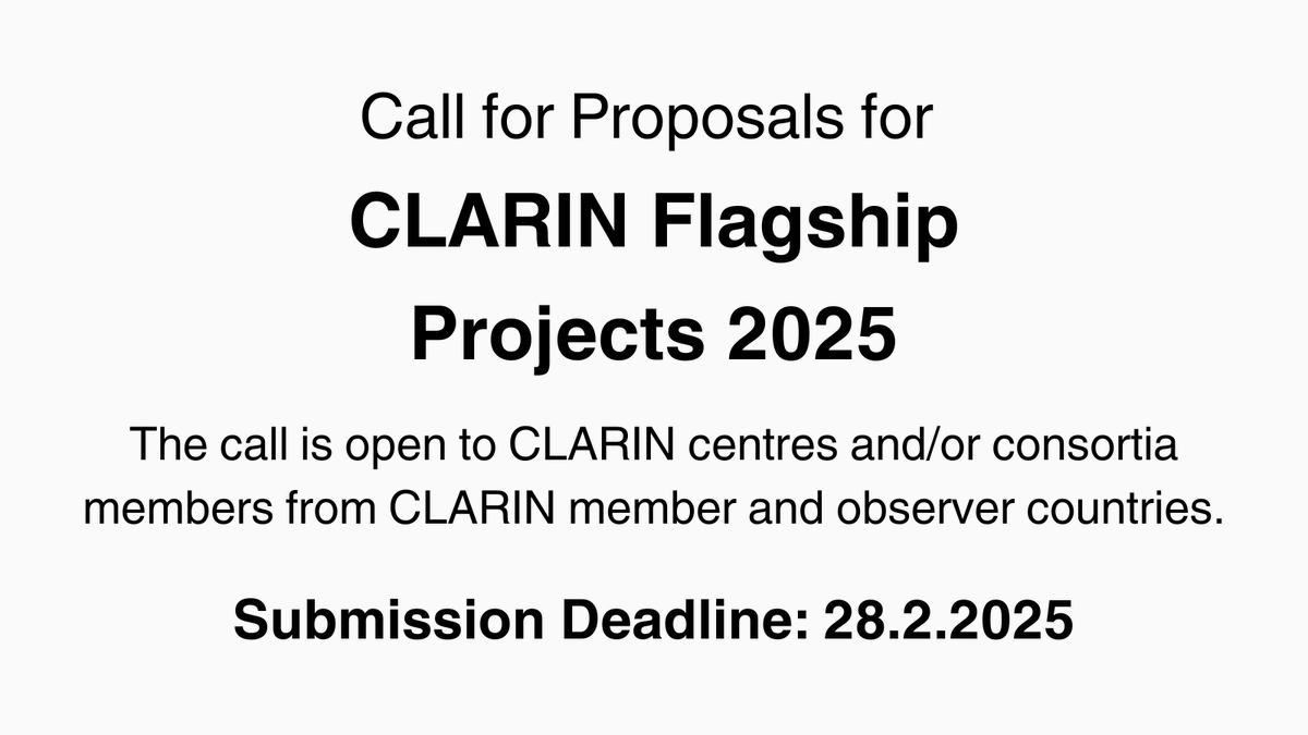 CLARIAH-AT (@atclariah) on Twitter photo ⚡️Call for Proposals for <a href="/CLARINERIC/">CLARIN ERIC</a> Flagship Projects 2025 to
☑️improve interoperability
☑️facilitate reuse of resources & tools
☑️expand the user base
☑️stimulate cross-lingual, -national & -disciplinary research
☑️demonstrate socioeconomic impact:
👉clariah.at/en/news/cfp-cl… ⚡️Call for Proposals for <a href="/CLARINERIC/">CLARIN ERIC</a> Flagship Projects 2025 to
☑️improve interoperability
☑️facilitate reuse of resources & tools
☑️expand the user base
☑️stimulate cross-lingual, -national & -disciplinary research
☑️demonstrate socioeconomic impact:
👉clariah.at/en/news/cfp-cl…