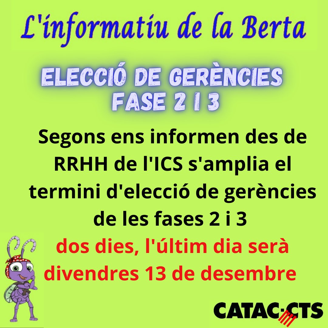 catacctsiac's tweet photo. Segons ens informen des de RRHH de l'ICS s'amplia el termini d'elecció de gerències de les fases 2 i 3, dos dies més, l'últim dia per poder triar gerència serà divendres 13 de desembre 
#fase2i3
#ICS
#opos
#oposicio
#oposicions
#CATAC
#CATACCTS https://t.co/s9qTb3cjJe