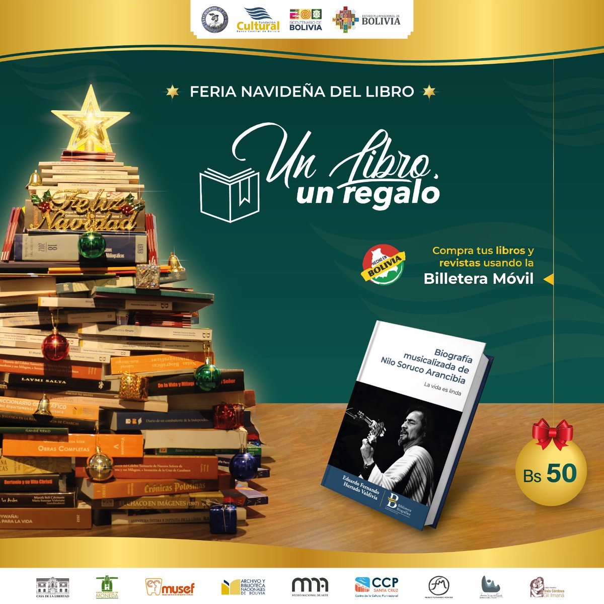 #FCBCB I 𝑭𝒆𝒓𝒊𝒂 𝒏𝒂𝒗𝒊𝒅𝒆𝒏̃𝒂: 𝑼𝒏 𝒍𝒊𝒃𝒓𝒐, 𝒖𝒏 𝒓𝒆𝒈𝒂𝒍𝒐
Adquiere tu ejemplar de la 𝐁𝐢𝐨𝐠𝐫𝐚𝐟𝐢́𝐚 𝐦𝐮𝐬𝐢𝐜𝐚𝐥𝐢𝐳𝐚𝐝𝐚 𝐝𝐞 𝐍𝐢𝐥𝐨 𝐒𝐨𝐫𝐮𝐜𝐨 𝐀𝐫𝐚𝐧𝐜𝐢𝐛𝐢𝐚. 𝐋𝐚 𝐯𝐢𝐝𝐚 𝐞𝐬 𝐥𝐢𝐧𝐝𝐚, en Sopocachi, en la calle Fernando Guachalla N°476