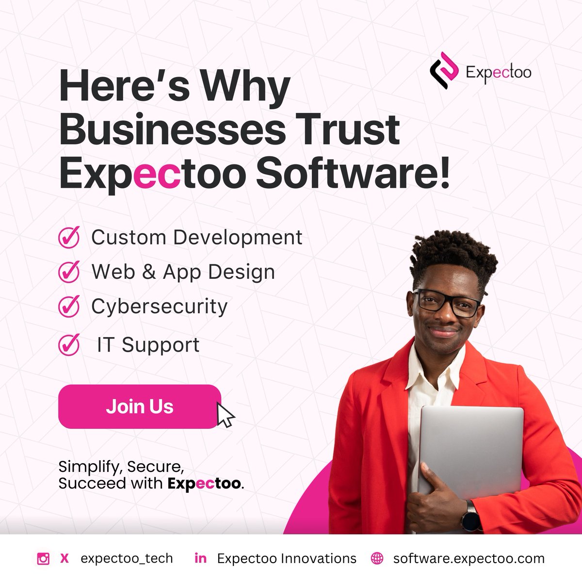 expectoo_tech's tweet photo. Why do businesses trust Expectoo? 🤔  

✅ Custom Development  
✅ Web &amp; App Design  
✅ Cybersecurity  
✅ Reliable IT Support  

Simplify, secure, and succeed with us! 💼✨  

🔗 Join the success at https://t.co/Hoa2zZ7LsS

#TechInnovation #BusinessSolutions #Expectoo https://t.co/IABPZPANht