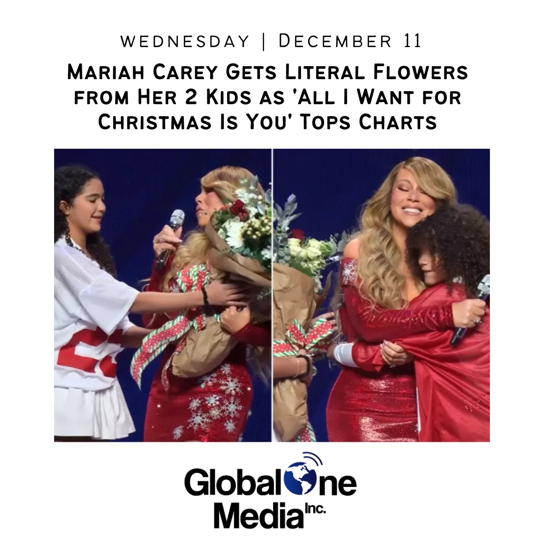 Global1MediaInc's tweet photo. Mariah Carey celebrates as 'All I Want for Christmas Is You' tops the charts again—with literal flowers from her kids! A festive moment of love and success for the Queen of Christmas. What's your favorite holiday anthem? https://t.co/VGOTNuHS2K