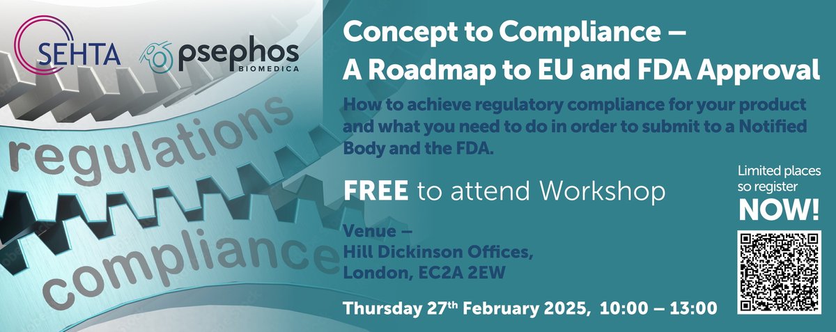 Join us for our next workshop ‘Concept to Compliance – A Roadmap to EU and FDA Approval’ to show you how to achieve regulatory compliance for your medical device. Thurs 27th Feb 2025
10:00-13:00 in London. FREE to attend REGISTER now bit.ly/4flUEJU