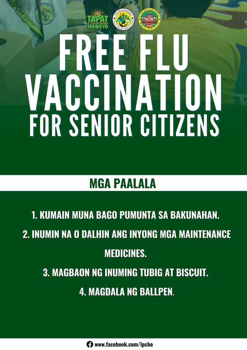 LIBRENG FLU VACCINE PARA SA SENIOR CITIZENS!

Flu season na ulit kaya naman handog ng lokal na pamahalaan ng Las Piñas ang LIBRENG FLU VACCINE PARA SA SENIOR CITIZENS ngayong darating na December 17 hanggang 20 sa iba’t ibang lugar sa lungsod.