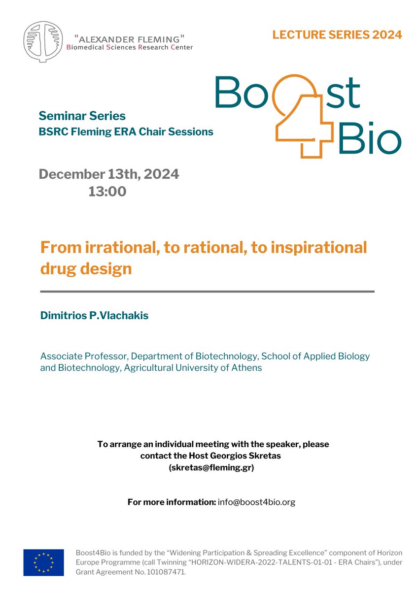 Join us for this week's <a href="/BSRC_Fleming/">Biomedical Sciences Research Center Al. Fleming</a> #ERAChair Scientific Seminar! 🚨

 👉"From irrational, to rational, to inspirational drug design" by Assoc. Prof. Dimitrios Vlachakis, AUA

📅 Friday, December 13, 2024, 13:00 PM

📍 Venue: #BSRCFleming Lecture Theatre

#boost4bio