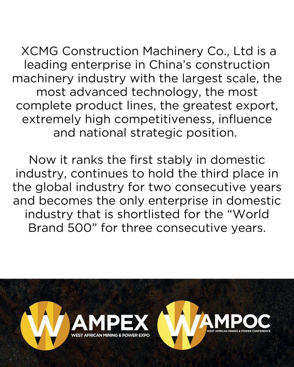 #ExhibitorProfile

We are excited to welcome the XCMG Group on board as an exhibitor at #WAMPEX, the leading platform for the world’s top suppliers to showcase their solutions to West African mining and power professionals.

Enquire to exhibit now! bit.ly/40FetaM