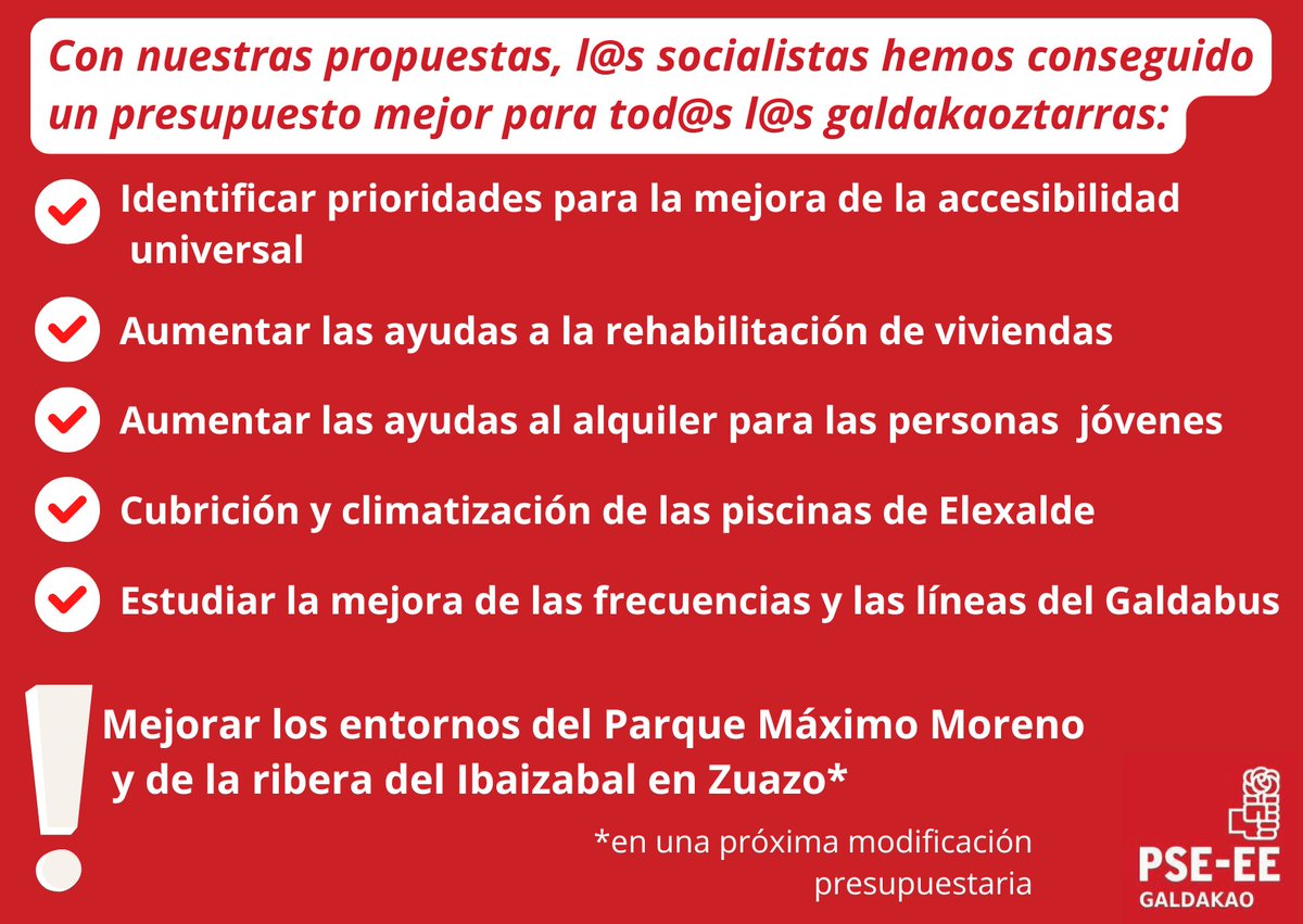 PSEGaldakao's tweet photo. ❗️Con nuestras propuestas, conseguimos mejorar los presupuesto de #Galdakao para 2025.

Con las prioridades claras, siendo una oposición crítica cuando es necesario, pero siempre propositivos por el bien de nuestras vecinas/os.

Éstas son las enmiendas que hemos sacado adelante👇 https://t.co/LlZsQt77No