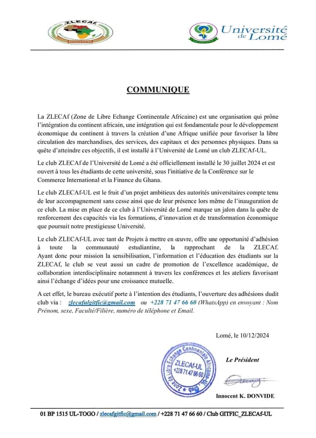 LMindame40871's tweet photo. 📢🛑 Avis aux étudiants de l'Université de Lomé : Le Club ZLECAf-UL est officiellement lancé et ouvre ses adhésions.

- Rejoignez cette initiative pour contribuer à l'intégration africaine et au développement économique.

- Contactez-nous sur email zlecafulgitfic@gmail.com https://t.co/h85MgG8SP8