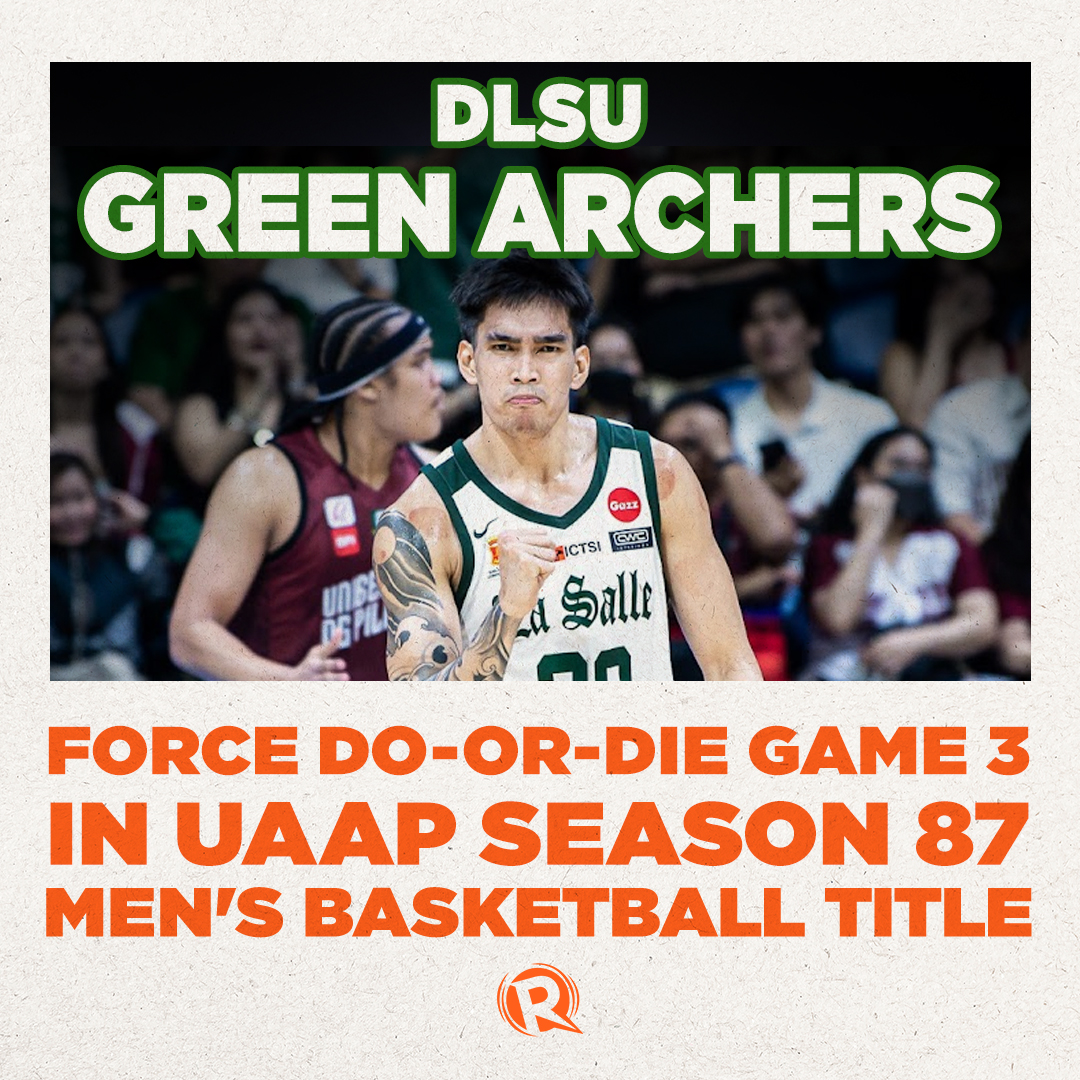 rapplerdotcom's tweet photo. NOT YET, SAY THE CHAMPS!

The La Salle Green Archers force a do-or-die finals Game 3 after edging the UP Fighting Maroons in a cardiac 76-75 finish! #UAAPSeason87

HIGHLIGHTS HERE: https://t.co/FvMPLfhKql https://t.co/1xwTMJZRRq