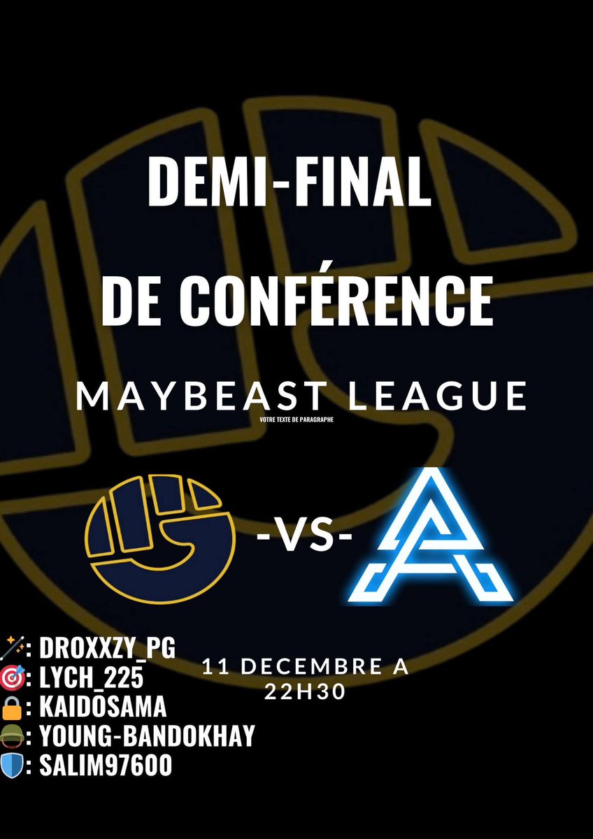 Ce soir nous avons l’honneur de vous annoncer que les <a href="/WizardsOfGalia/">Angers_Sdl</a> 🇫🇷affronteront <a href="/ApraxiaEsport/">🇨🇭 Apraxia Esport NBA 2K 🎮</a> 🇫🇷 en demi  final de la <a href="/MayBeast2k/">MayBeast2k</a> League 🏆🏀
(BO3) at 22h30 Cet.

🎥 twitch.tv/lychar_225

🎥 twitch.tv/bandokayll