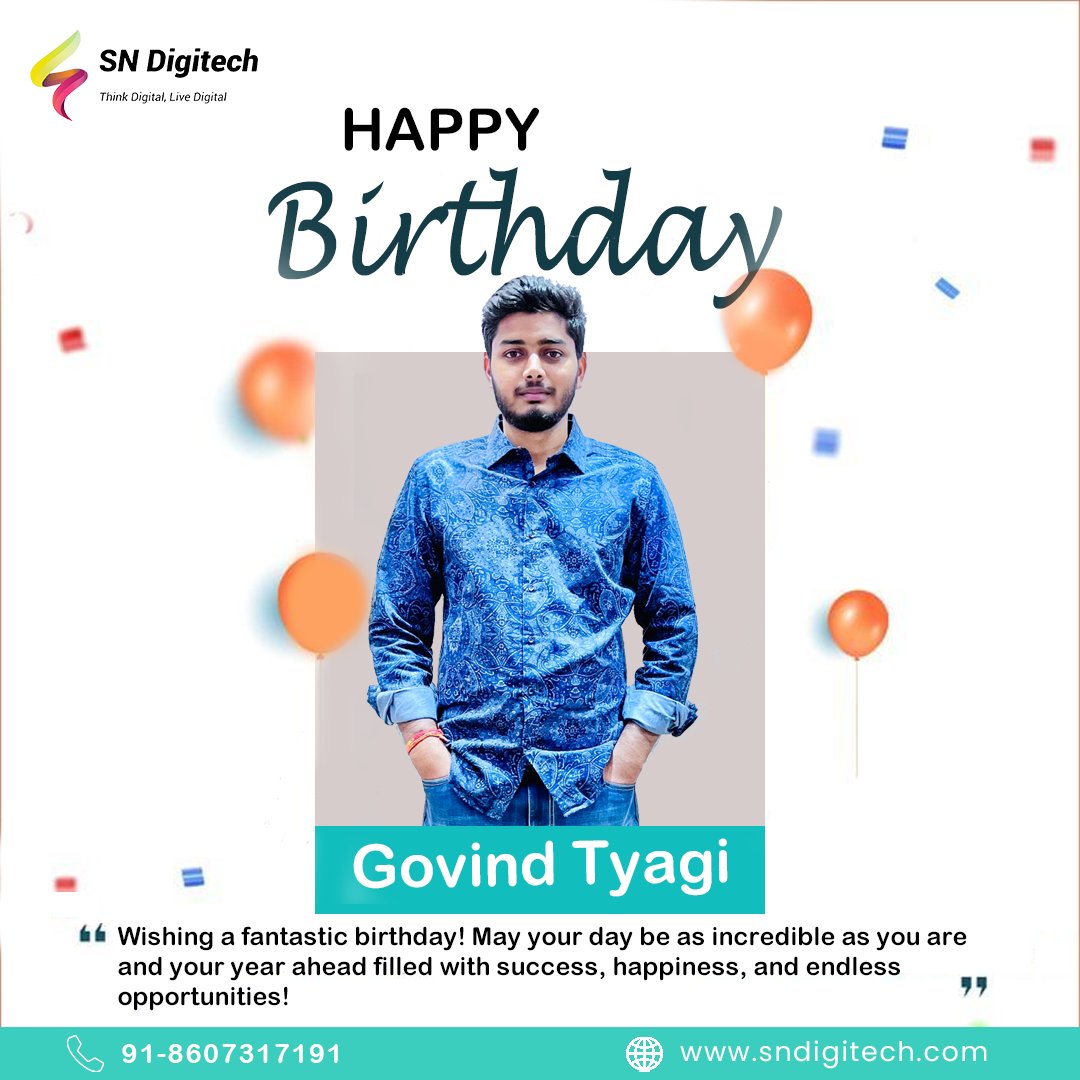 sndigitech's tweet image. Happy Birthday, Govind Tyagi! 🚀
May your year ahead be filled with smooth code, bug-free days, and incredible achievements. Keep shining as the amazing React JS Developer you are! 🎉🎂
.
.
.
#BirthdayWishes #ReactJSPro #sndigitech #growwithsndigitech