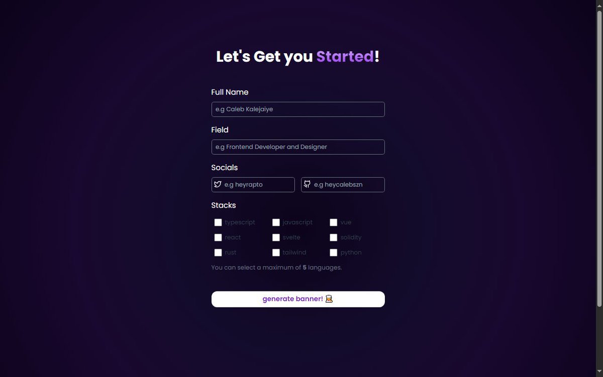 heyrapto's tweet image. I’ve always noticed that most developers have decent profile pictures but have bad banner/cover photos.
I then came up with the idea to fix that, as it is known that we code to solve problems.
So I built a software that generates a modern unique banner for freelancers.