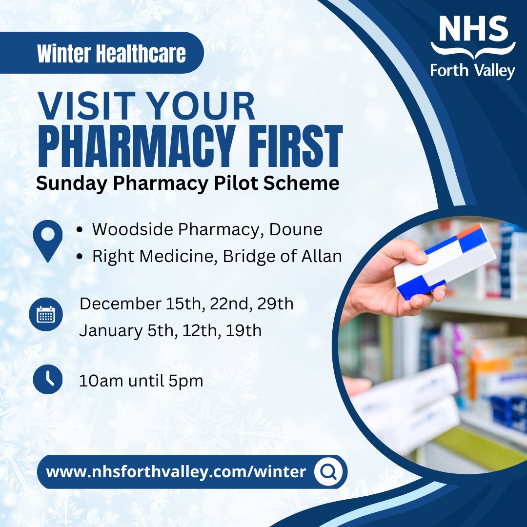 Two pharmacies in Doune and Bridge of Allan will open Sundays, 15th Dec – 19th Jan, offering treatment without a GP prescription. Independent prescribers can advise and treat common conditions, including chest infections. 

Learn more at our Winter Zone⬇️ nhsforthvalley.com/winter