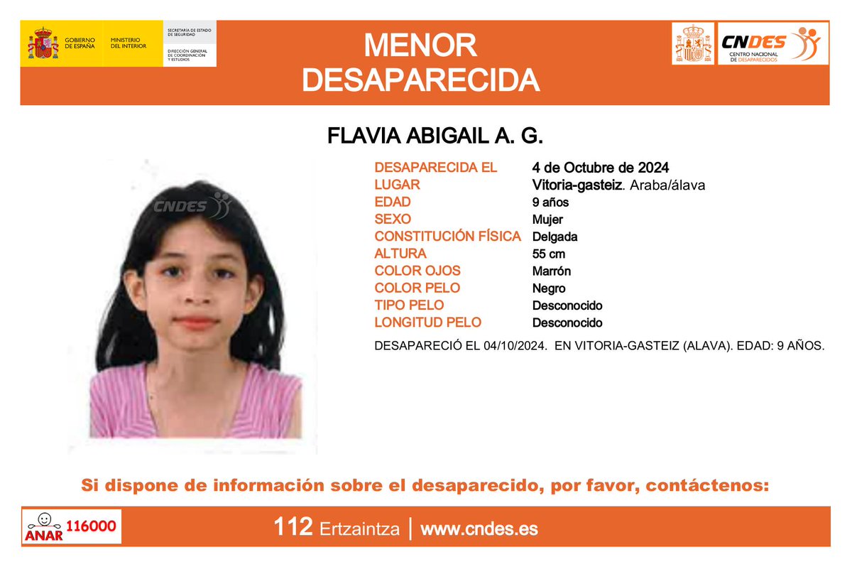 ⚠️‼️MENOR DESAPARECIDA‼️⚠️
ℹ️🚺 9 años
🔍Vista por última vez en #Vitoria-gasteiz #Araba #Álava
⏰Tu ayuda es fundamental
🔗RT y colabora
A través de📩 colaboracion-cndes@interior.es
📞112 <a href="/ertzaintzaEJGV/">Ertzaintza</a> 
☎️116000
🛰️Síguenos en <a href="/cndes_oficial/">CNDES</a>
#menor #desaparecida