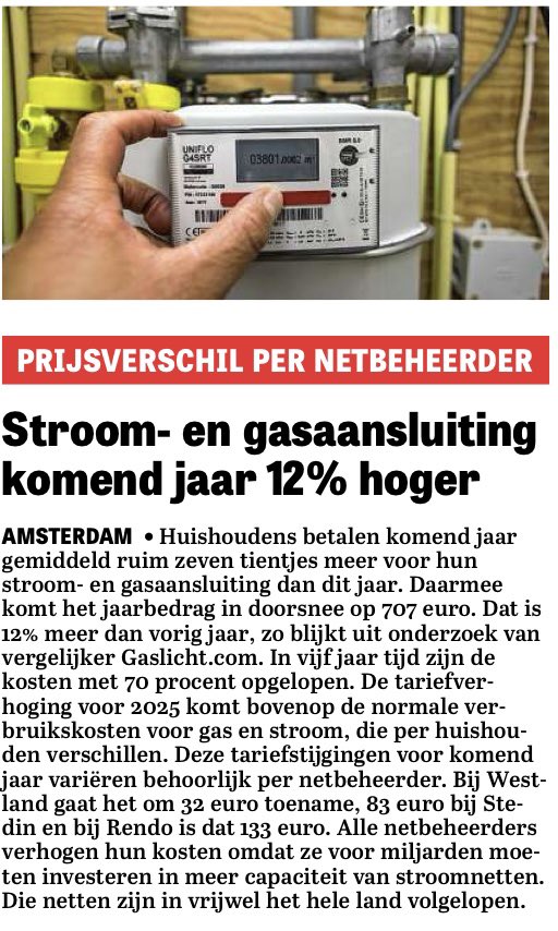 Dit word alleen nog maar meer en meer komende jaren. Door de zogenaamde energietransitie moeten er namelijk extra kabels in de grond en duizenden transformatorhuisjes bij. Die moeten ook onderhouden worden. Al die kosten gaat u gewoon betalen. In 5 jaar tijd al +70%.