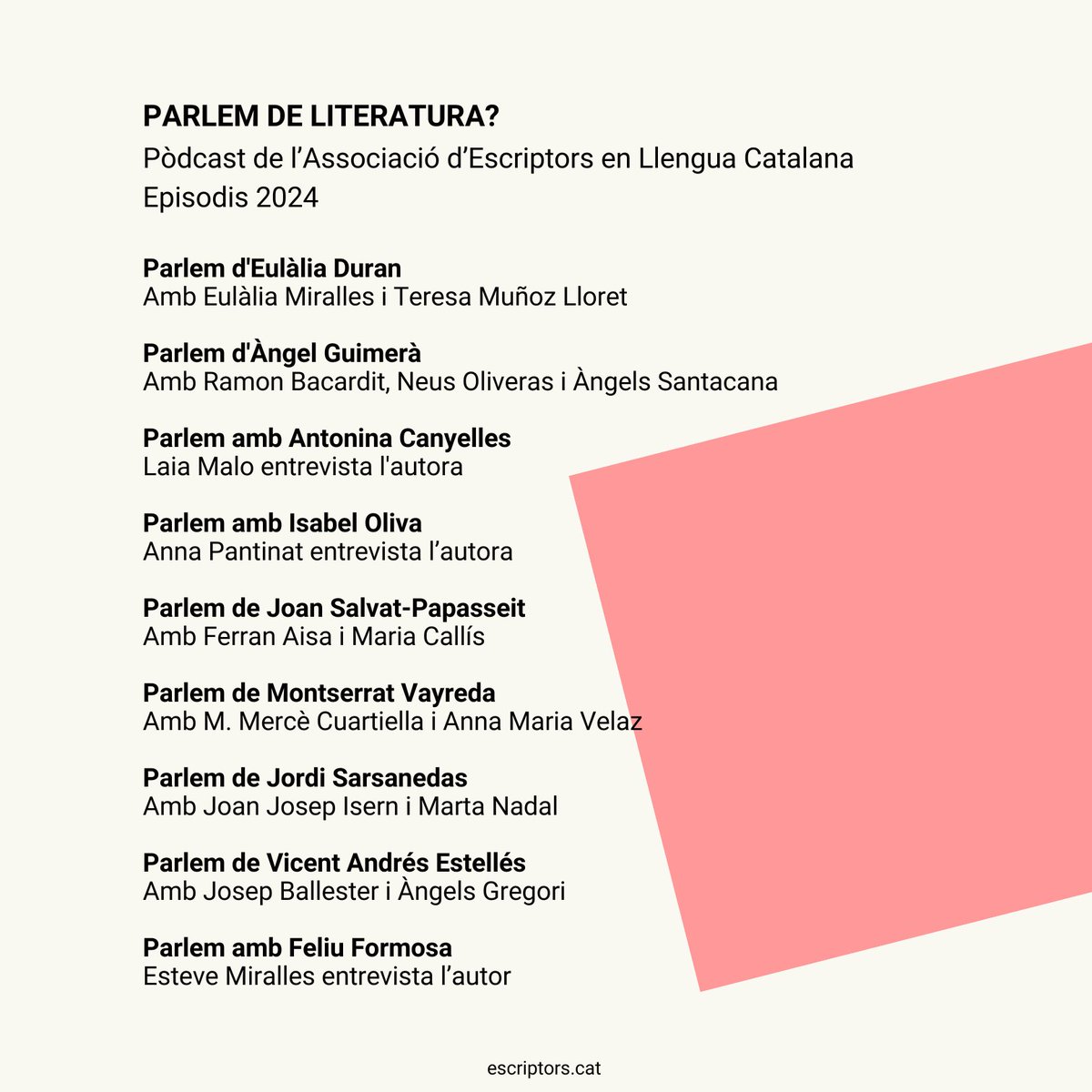 👋 Coneixes el pòdcast de l'AELC?

Aquest any, a "Parlem de literatura?", hem dedicat converses a Antonina Canyelles, Eulàlia Duran, Estellés, Feliu Formosa, Àngel Guimerà, Isabel Oliva, Papasseit, Jordi Sarsanedas i Montserrat Vayreda.

Més detalls: escriptors.cat/noticia/podcas…