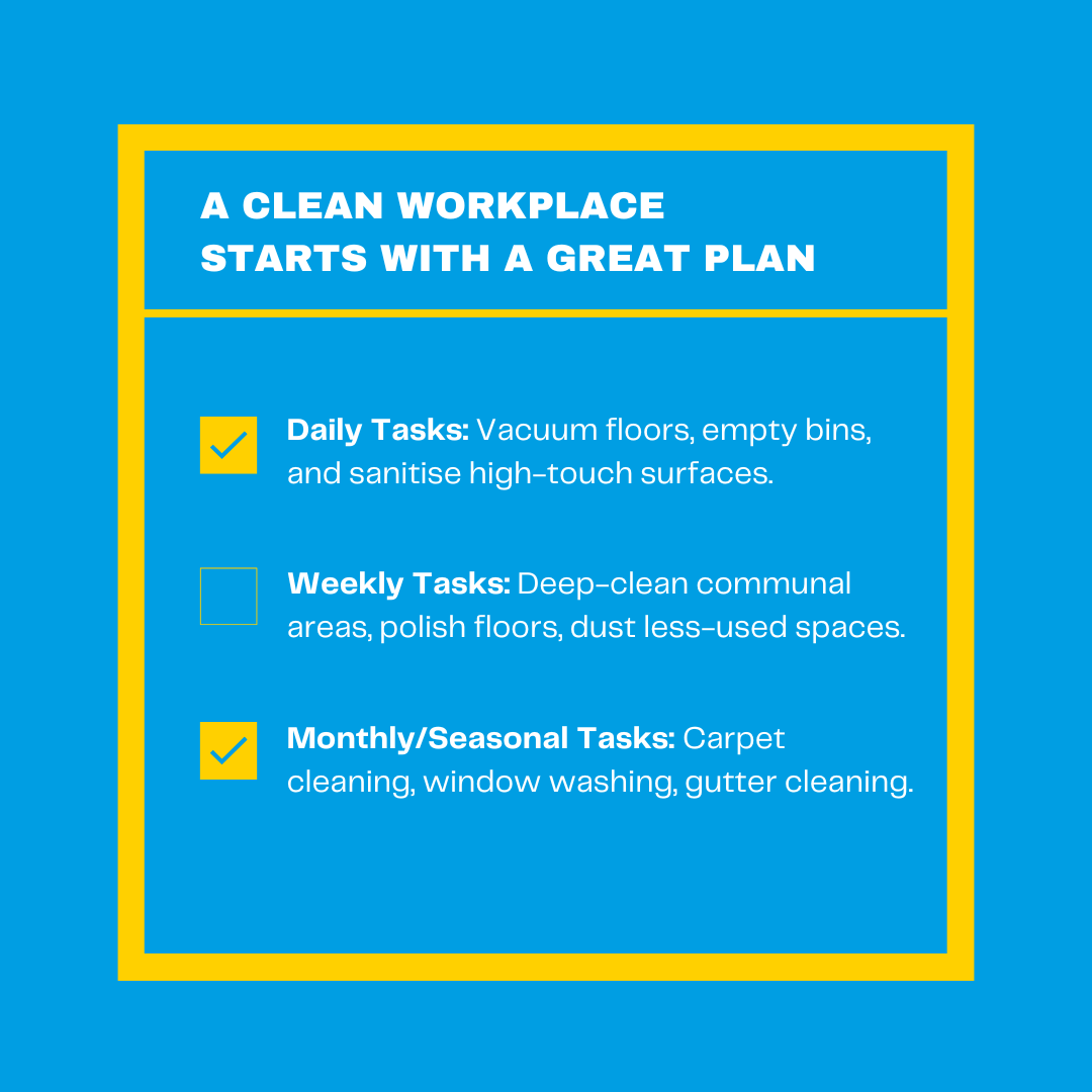 AceCleaningCo's tweet photo. Want to keep your office spotless without the stress? The key is a cleaning schedule that works for YOUR business. 🗓️

With clear priorities and a flexible approach, you’ll create a more efficient environment for your team AND make a great impression on clients.

#cleaningtips https://t.co/T4rerJlBMO