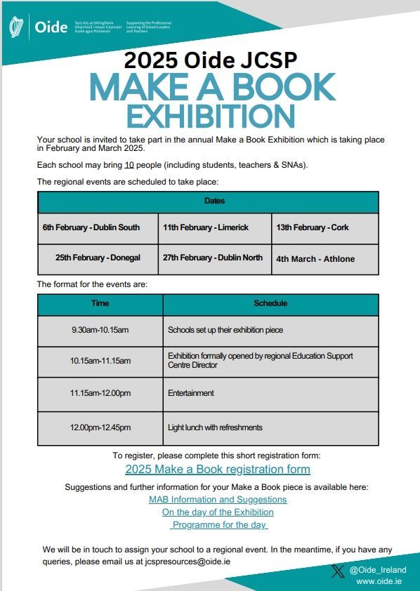 Oide_JCSP's tweet photo. ๐ Calling all #JCSP Coordinators!
The Make a Book Competition is back and happening nationwide! ๐
Showcase your students' creativity and storytelling. Don't miss outโregister your school today!
๐Register here: https://t.co/B1QKZuPnss
#MakeABook #JCSP https://t.co/B0uxpDShj0