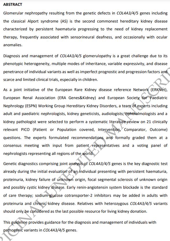 Hans-Joachim Anders (@hjanders_hans) on Twitter photo Now open access in <a href="/NDTsocial/">NDT</a>
<a href="/torra_roser/">Roser Torra</a> <a href="/ERAkidney/">ERA - European Renal Association</a>
Diagnosis, management + treatment of the Alport syndrome – 2024 guideline (ERKNet, ERA, ESPN)
🧐Genetic diagnostics comprising joint analysis of COL4A3/4/5 genes is the key diagnostic test
▶️academic.oup.com/ndt/article/do… Now open access in <a href="/NDTsocial/">NDT</a>
<a href="/torra_roser/">Roser Torra</a> <a href="/ERAkidney/">ERA - European Renal Association</a>
Diagnosis, management + treatment of the Alport syndrome – 2024 guideline (ERKNet, ERA, ESPN)
🧐Genetic diagnostics comprising joint analysis of COL4A3/4/5 genes is the key diagnostic test
▶️academic.oup.com/ndt/article/do…