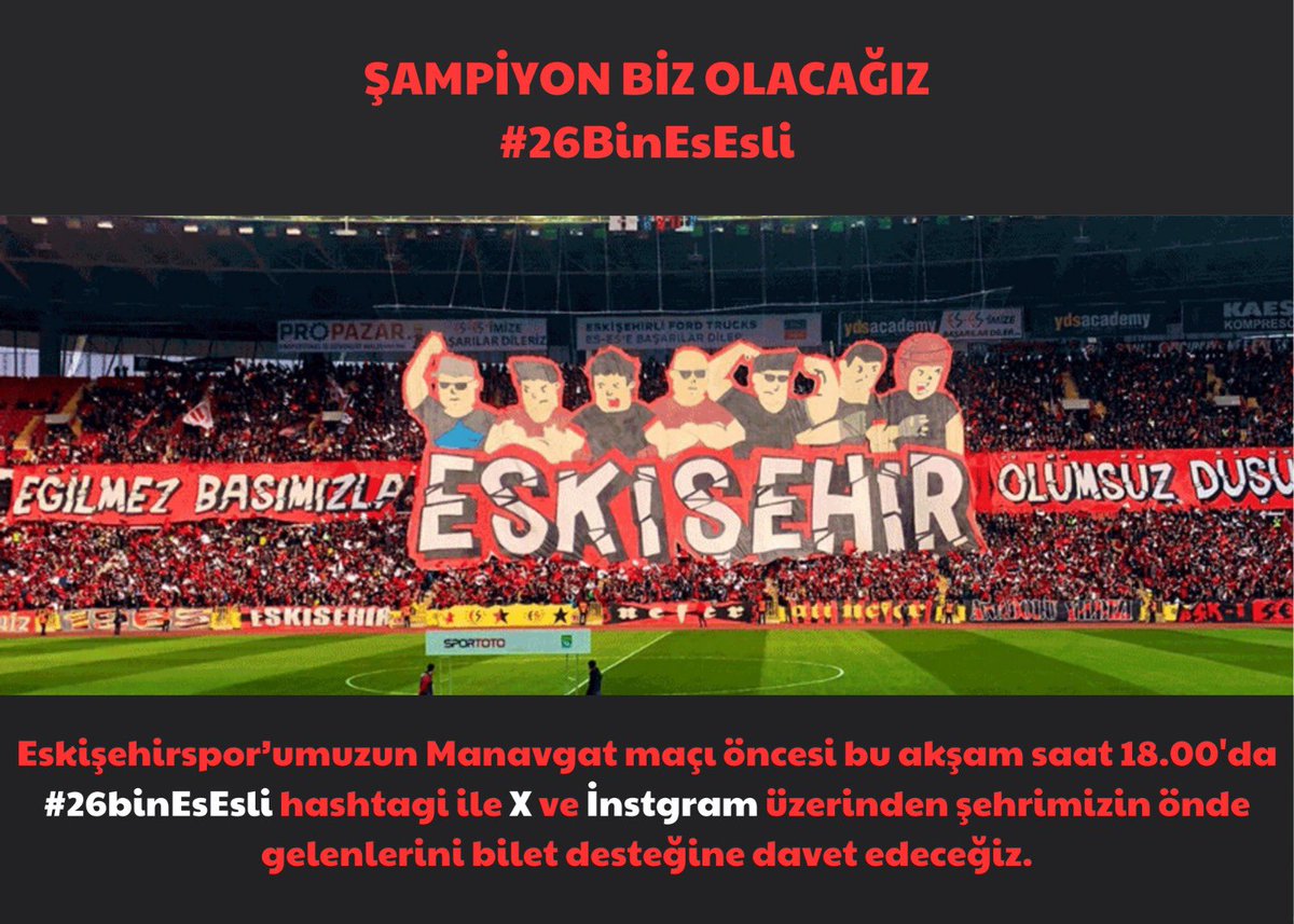 📢 Bu akşam 18.00'de bilet kampanyası için hashtag çalışması yapacağız. Bütün taraftarlarımızı desteğe davet ediyoruz. 
Manavgat Belediyespor maçında
 #26BinEsesli
#Eskişehirspor 🖤❤⚡