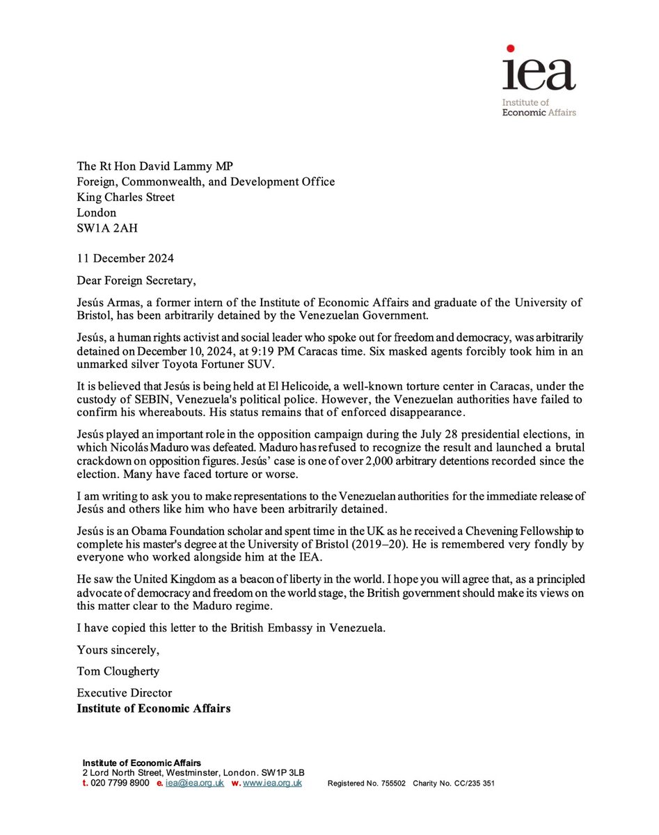We have written to <a href="/DavidLammy/">David Lammy</a> and <a href="/UKinVenezuela/">UK in Venezuela 🇬🇧🇻🇪</a> requesting the British Government make representations to Venezuela for the immediate release of Jésus Armas.

Jésus saw the UK as a beacon of liberty in the world. We must be that now.