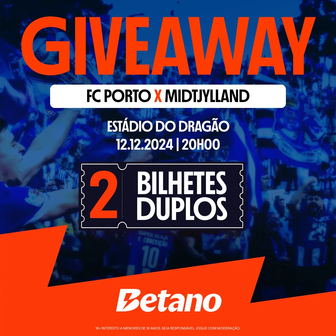 🚨 𝗙𝗟𝗔𝗦𝗛 𝗚𝗜𝗩𝗘𝗔𝗪𝗔𝗬! 🚨

2 Bilhetes Duplos para o #FCPorto 🆚 Midtjylland! 💙🐉

Requisitos:
1️⃣ Seguir a <a href="/Betano_PT/">Betano Portugal 🔞</a> e a <a href="/DragaoNews1893/">Dragão News 🇸🇻</a>
2️⃣ Retweet
3️⃣ Identificar um amigo

⚠️ AVISO: Os vencedores serão anunciados hoje (11 de Dezembro), às 22h00. ESTEJAM ATENTOS!