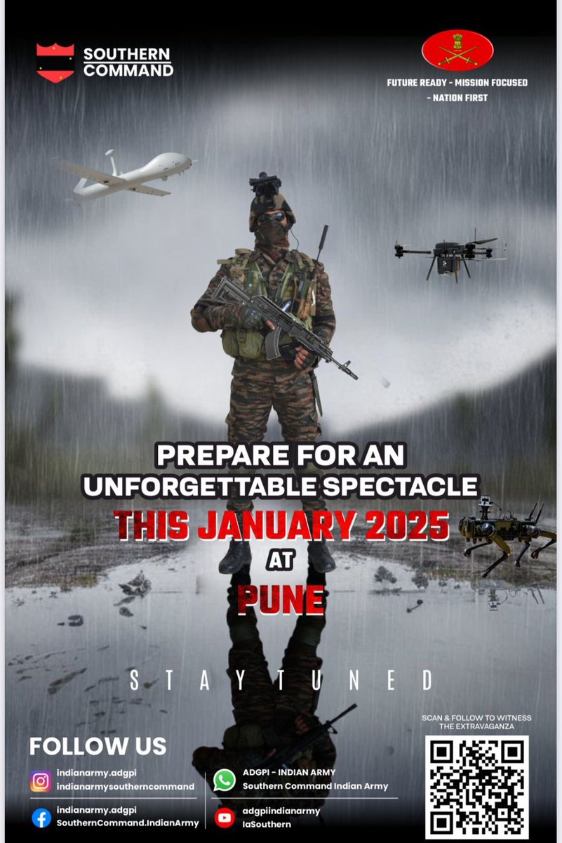 IaSouthern's tweet photo. #Pune, Get Ready !
The biggest Army event of 2025 is coming your way.
🔴 Mark your calendars & Stay tuned…
#सेनादिवस२०२५
#सेनादिवसपरेडपुणे२०२५ #ArmyDay2025
#ArmyDayParadePune2025
#FirstTimeEverInPune @adgpi
@SpokespersonMoD
@DefPROMumbai @Info_Pune
@PRODefPune https://t.co/UWGwVl5p7j