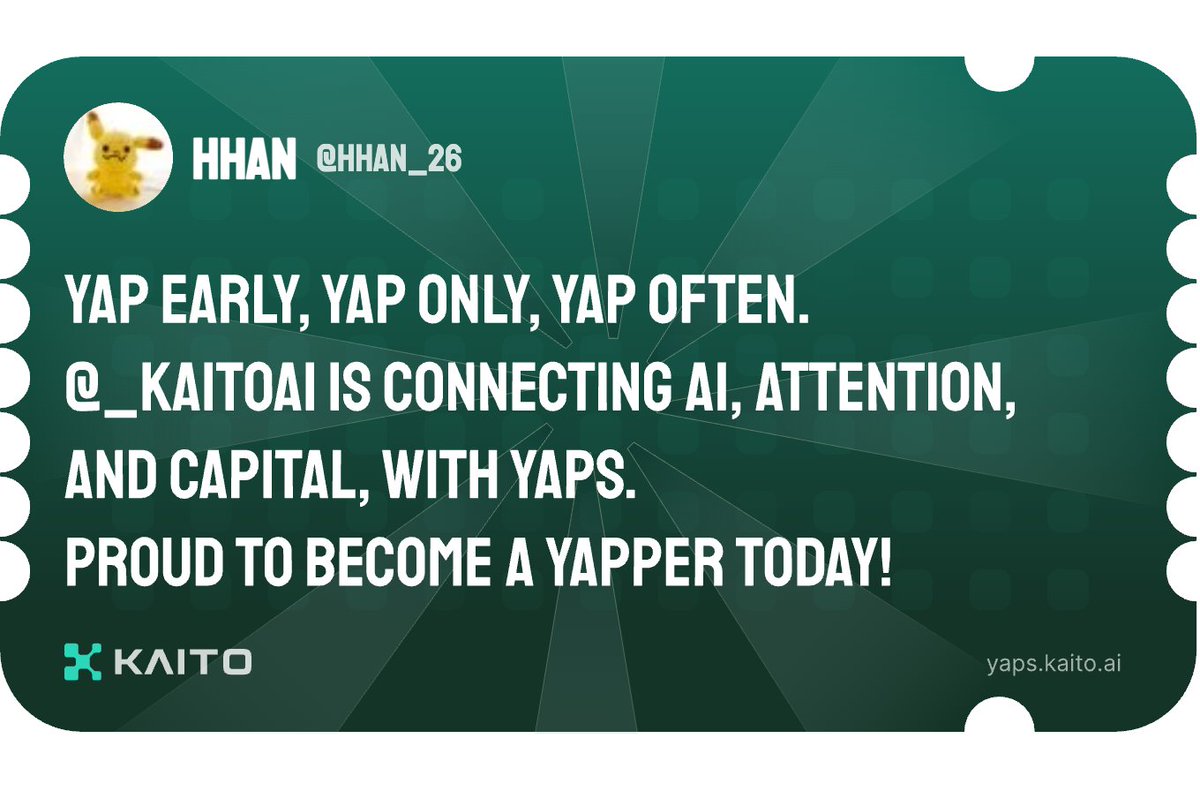 Yap early, yap only, yap often.

@_kaitoai is connecting AI, attention and capital with Yaps.

Just claimed my social card and I'm accumulating Yap points in real-time.

Claim yours 👉 yaps.kaito.ai/referral/84739…