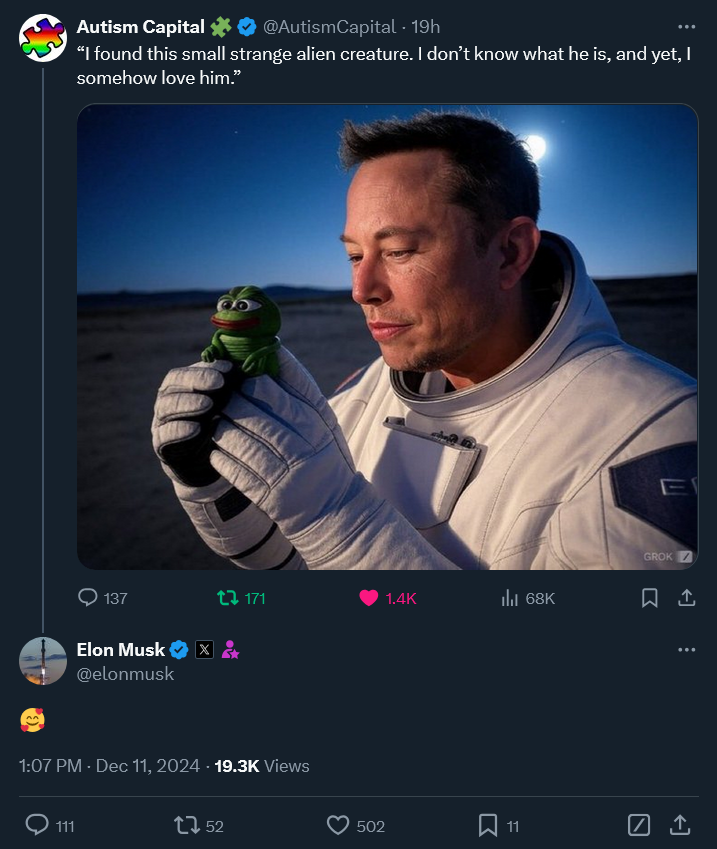 Plazma0x's tweet photo. Elon loves $PEPE, he should change the Grok Icon to $PEPE. https://t.co/9ySqAwwre0