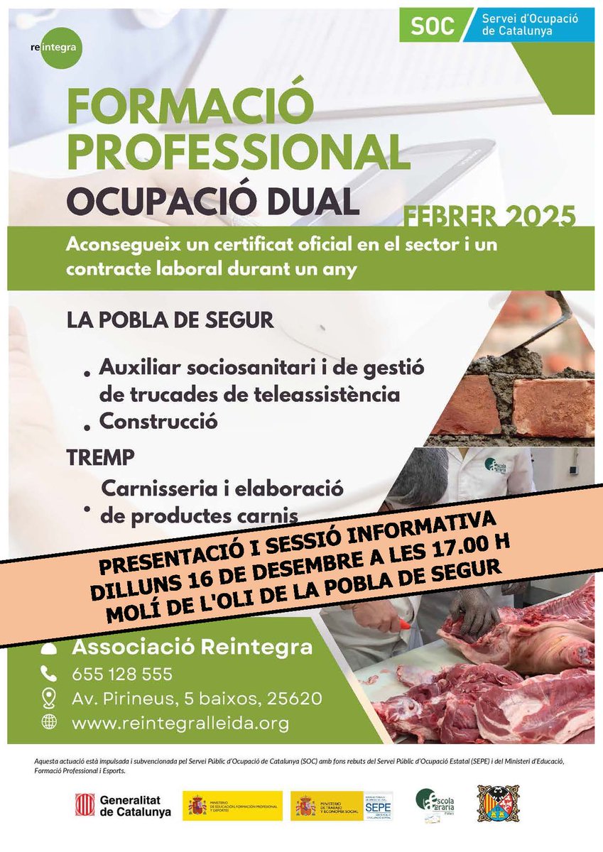 lapobladesegur's tweet photo. La Pobla de Segur acollirà, a partir del febrer, dos cursos de formació professional d'Ocupació Dual.

🏥Auxiliar sociosanitari i de gestió de trucades de teleasssitència
🏗️Construcció

👥T'interessa? Dilluns, presentació i sessió informativa dels cursos. https://t.co/uwFBrVEe2X