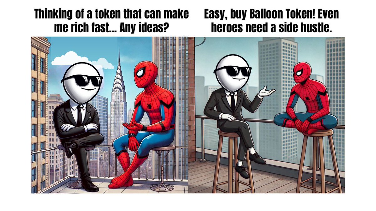 balloon_game_ai's tweet photo. Spider-Man swinging into the crypto scene: 'Whatโs the move?' Balloon Token: 'Already on the 100x path, join me! Grab $BALON now! Join the #BalloonArmy https://t.co/a7rvm2eFFW #balloontoken #Balloon #SpiderMan #twitter #Crypto #100xPump #Solana #Trending #TrendingNow #pump https://t.co/IhovMcNwPk