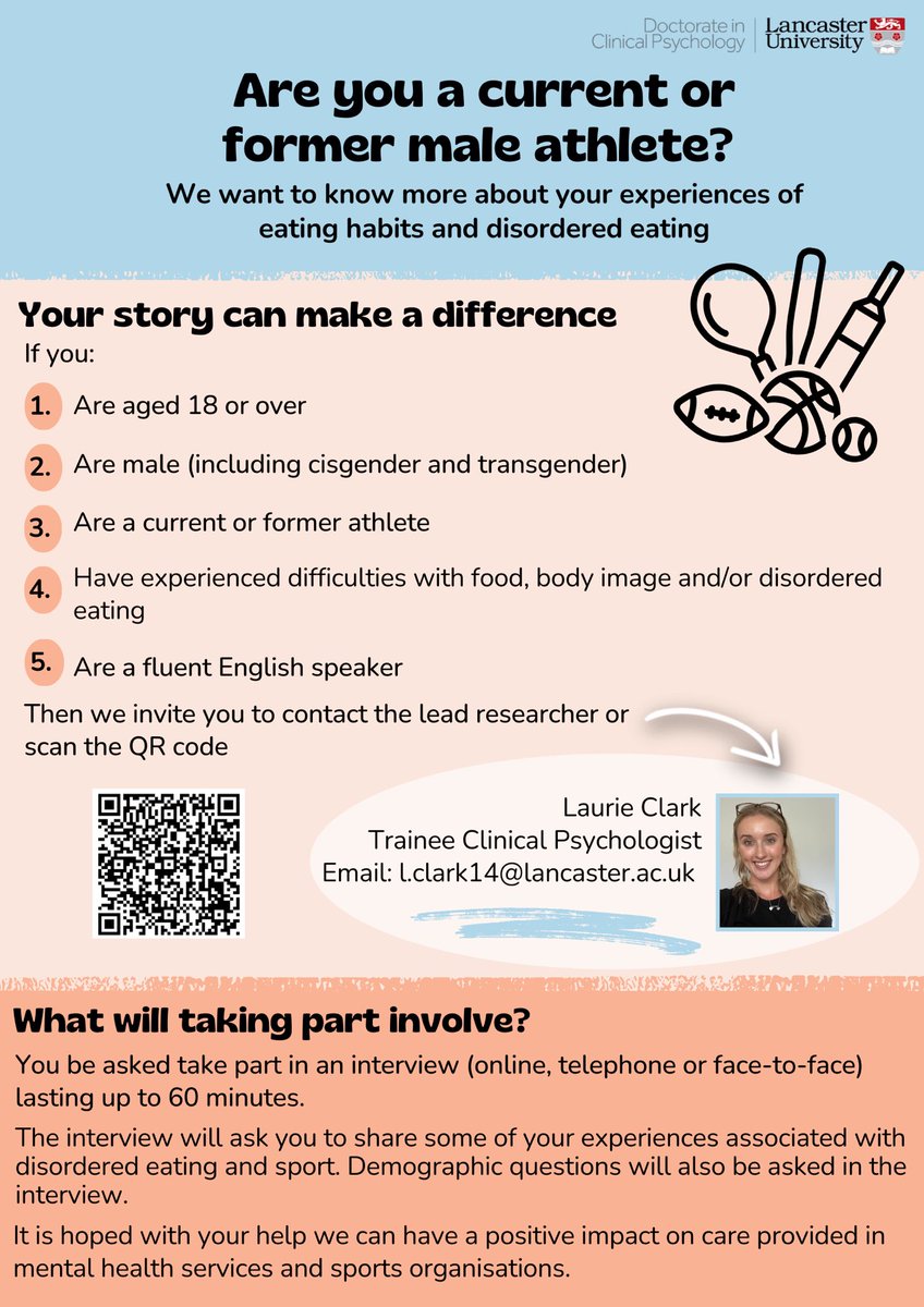 Laurie Clark (@laurieclark97) on Twitter photo Recruiting participants for my #DClinPsy thesis 📢
We are looking for current or former male athletes with experiences of disordered eating. If you are interested, please contact me via email: l.clark14@lancaster.ac.uk.
Your story makes a difference!
Further details below ⬇️ Recruiting participants for my #DClinPsy thesis 📢
We are looking for current or former male athletes with experiences of disordered eating. If you are interested, please contact me via email: l.clark14@lancaster.ac.uk.
Your story makes a difference!
Further details below ⬇️