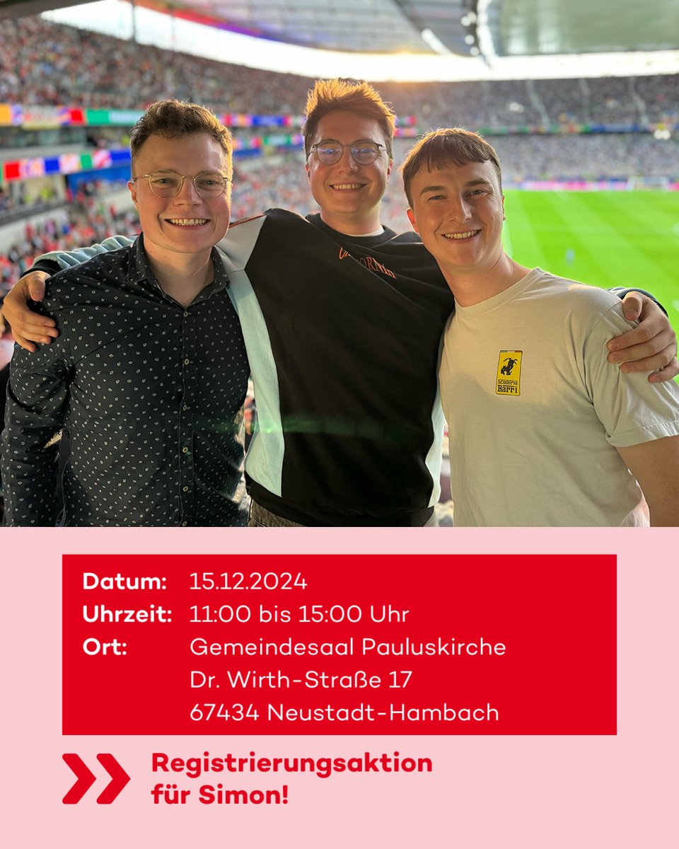 Alle für Simon! Typisieren lassen ✊🏼

Beim 28-jährigen #Betze-Fan wurde aplastische Anämie diagnostiziert, er ist dringend auf eine Stammzellenspende angewiesen.

🗓️ 15.12.2024 mit DKMS
🕚 11-15 Uhr
⛪ Pauluskirche Neustadt-Hambach
🪧 Dr. Wirth-Str. 17

ℹ️ dkms.de/simon