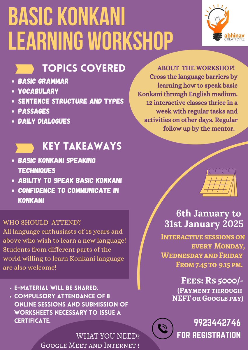 asingbal's tweet photo. The next two #Konkani #learning #workshops happening in January. This time for both children as well as adults. Do get in touch for registering! 

#Goa #KonkaniWorkshop #language 

@AbhinavCreation https://t.co/I9UGeHT20a