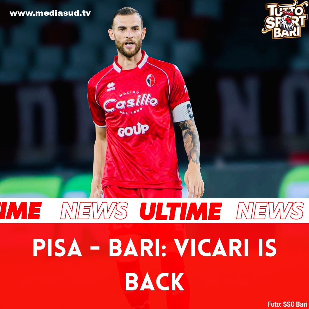 tuttosportbari's tweet photo. ⚪️RITORNA VICARI🔴
🎙️Come dichiarato da mister Longo: “Vicari è completamente recuperato, dobbiamo capire se farlo partire dall’inizio oppure no in base alla sua condizioni”
#tuttosportbari #mediasud #italy #graphic #seriebkt #dichiarazioni #bari #morenolongo #prepartita #pisa https://t.co/ztgRejrSPL