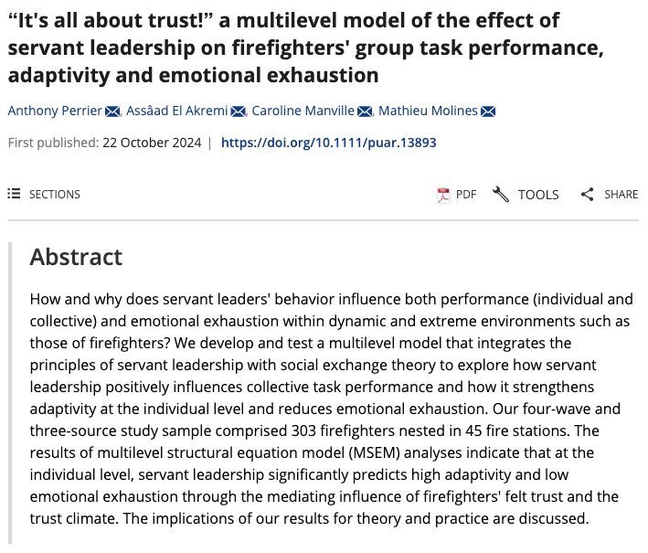 PAReview's tweet photo. Recent on PAR: “It's all about trust!” a multilevel model of the effect of servant leadership on firefighters' group task performance, adaptivity and emotional exhaustion by Anthony Perrier, Assâad El Akremi, Caroline Manville, Mathieu Molines: https://t.co/iDNxcXZvcM https://t.co/K54GqY4Y8d