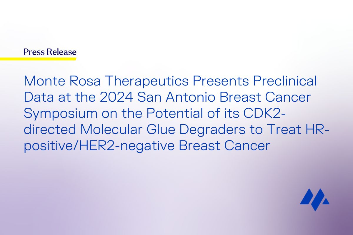 MonteRosaTx's tweet photo. We’re presenting preclinical data at @SABCSSanAntonio on the potential of our highly selective cyclin-dependent kinase 2 (CDK2)-directed molecular glue degrader.
Learn more: https://t.co/VwypmKkQgh https://t.co/ZceY9DIWiR