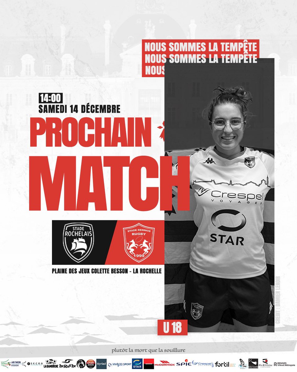 U18 : Stade Rochelais x Stade Rennais Rugby ⛈️

Pour la dernière rencontre de l’année 2024, nos U18 se déplacent à La Rochelle.❤️🖤

🗓️ Samedi 14 Décembre
🏟️Plaine des jeux Colette Besson 
⏰ Coup d’envoi 14h
