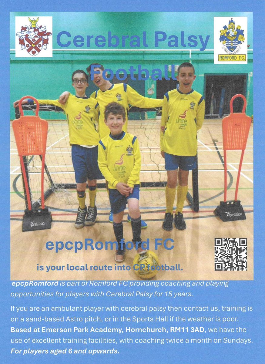 Cerebral Palsy Sport (@cp_sport) on Twitter photo We have been asked what CP Football opportunities are available to children in Essex.
epcpRomford FC run CP Football sessions for children aged 6 and upwards on Sundays fortnightly from 11am to 1pm.
For more information, please see attached or contact epcpfc@gmail.com We have been asked what CP Football opportunities are available to children in Essex.
epcpRomford FC run CP Football sessions for children aged 6 and upwards on Sundays fortnightly from 11am to 1pm.
For more information, please see attached or contact epcpfc@gmail.com