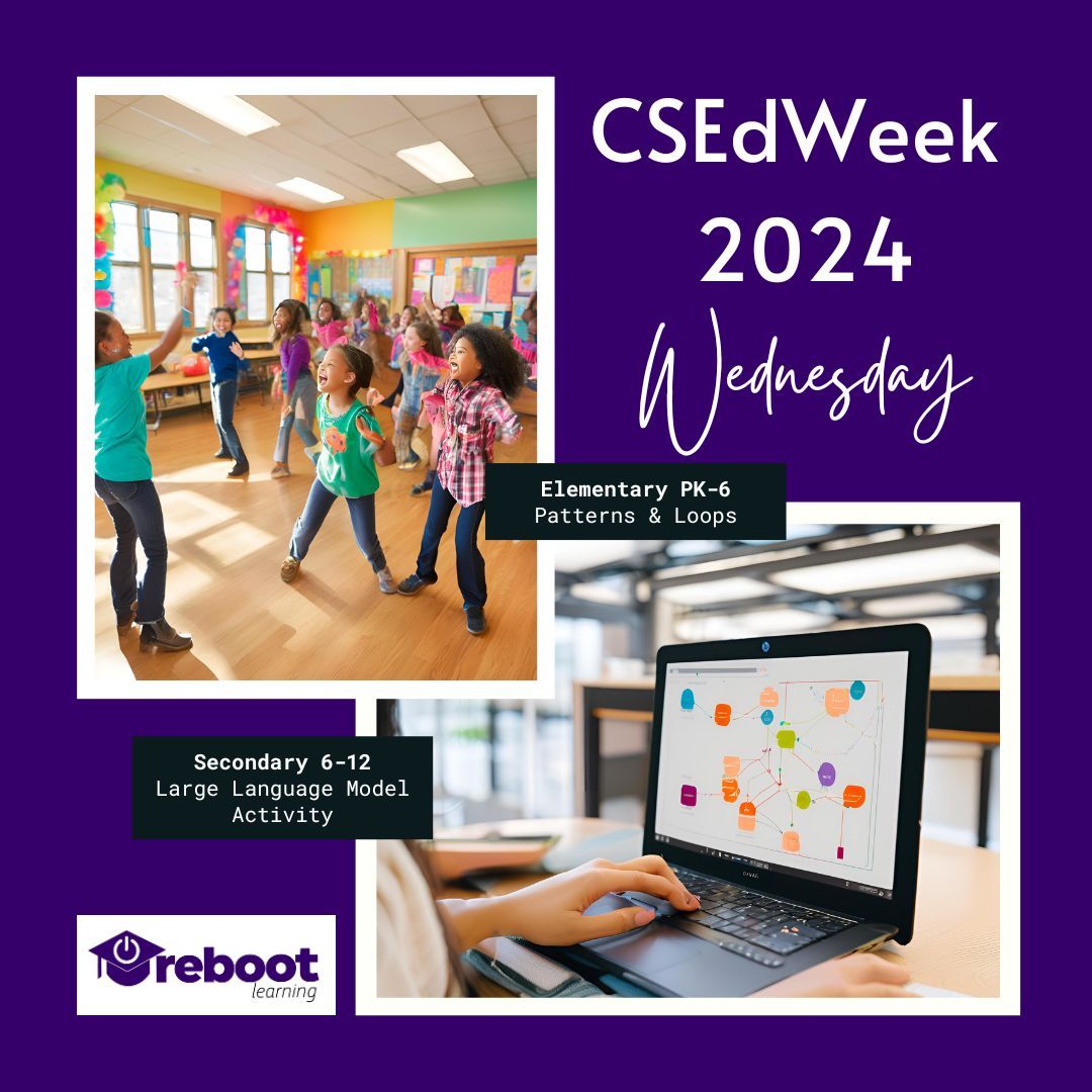 Reboot_Learning's tweet image. Dance on into Wednesday of #csedweek with resources to engage PK-6 in patterns and loops and explore Large Language Models for 6-12. Take a look at our curated resources at buff.ly/3DfjiO2. #rebootlearning #rebootCSEdWeek #csed #hourofcode #hourofcode2024 #csedweek2024