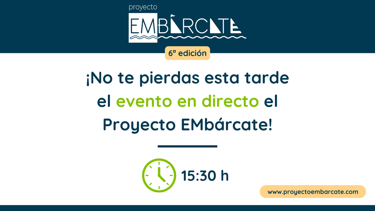 📢¿Quieres saber quiénes son los ganadores de la 6ª edición del Proyecto EMbárcate? ¡No te pierdas esta tarde el EVENTO EN DIRECTO! Además, conoceremos la entidad ganadora del Premio Especial del Público.
⏰ Hora: 15:30 h.
💻📲 ¿Dónde verlo? proyectoembarcate.com
¡Te esperamos!