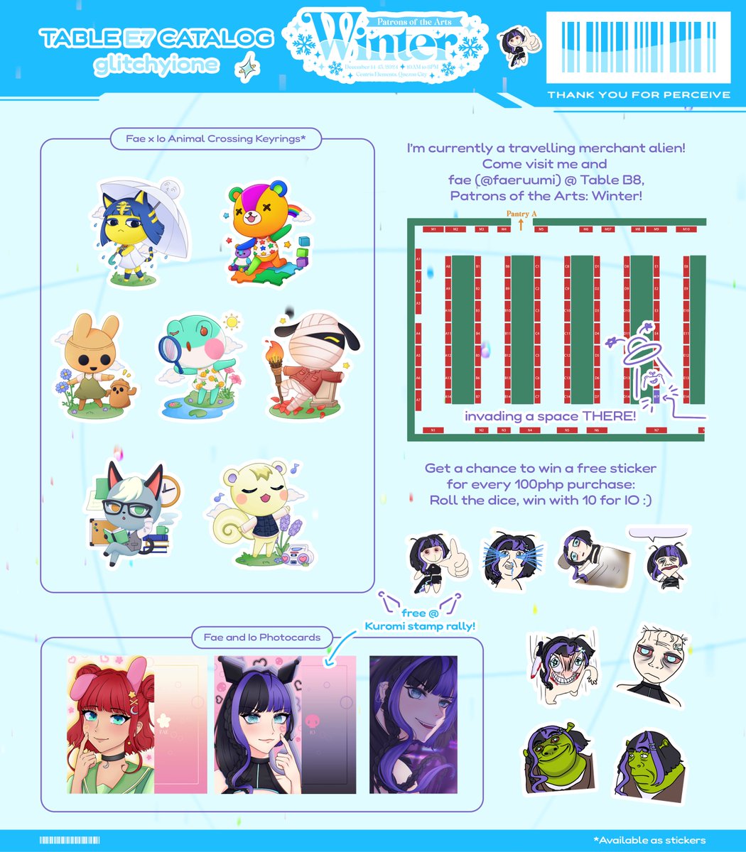 glitchyione's tweet photo. [RTS 🙏]  'Tis the season to be jolly!!

Drop by our festive table! Sharing it again with the faeforg 🐸🌱 HSR, Alien Stage, Moo Deng, Nana, DunMeshi and ACNH merch YAAAA! 👾

📍 Elements Centris, December 14-15 
Hope to see you sleighing there!
#PatronsOfTheArts #PoTAWinter https://t.co/qHhvTvM9uK