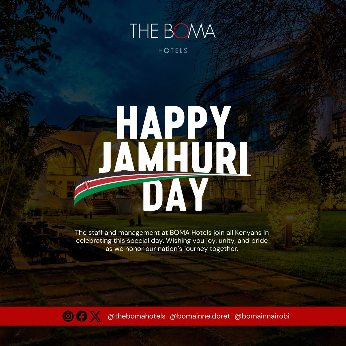 Happy Jamhuri Day🇰🇪

Today, we celebrate the spirit of independence and the beauty of our nation. From all of us at Boma Hotels, we wish you a day filled with pride, joy, and unity.

#JamhuriDay #PrideOfKenya #BomaHotels #BomaInnEldoret