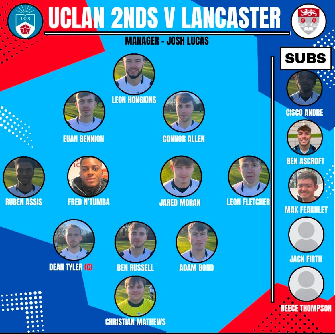 UCLANMens_FC's tweet photo. A final game of 2024 for UCLan FC Men today:

🆚 Lancaster 2s
🏆 Men’s Northern Tier 4
📍 LU Sports Centre
⏰ 2pm

Match updates to follow.

#UpTheClan #UCLanFC @BUCSsport https://t.co/k59xroozbv
